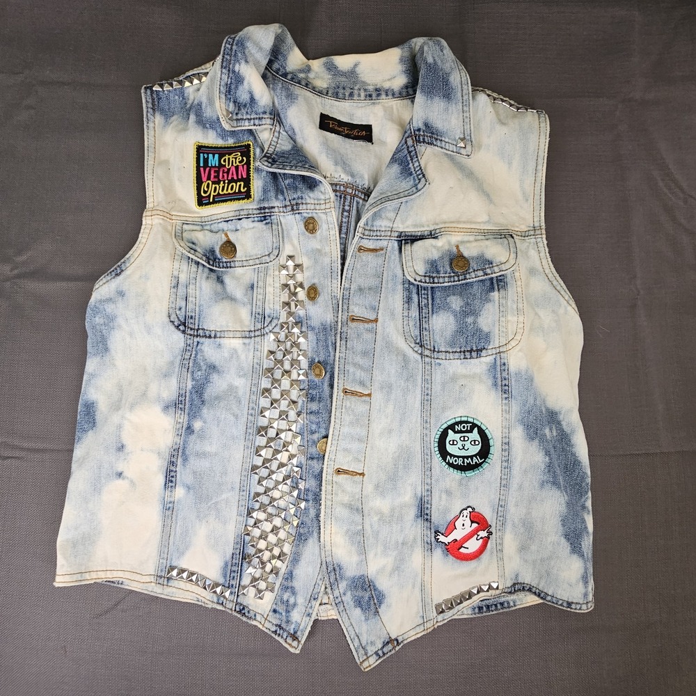VTG Team Tactics Blue bleached‎ Denim Jean Vest unique patches studs added 40"